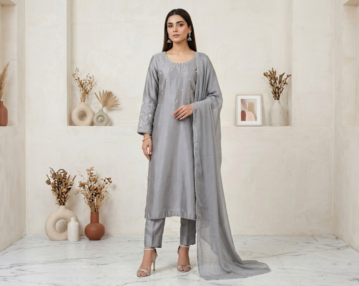 Nobel Grey Silk 3pc Outfit Made to Order