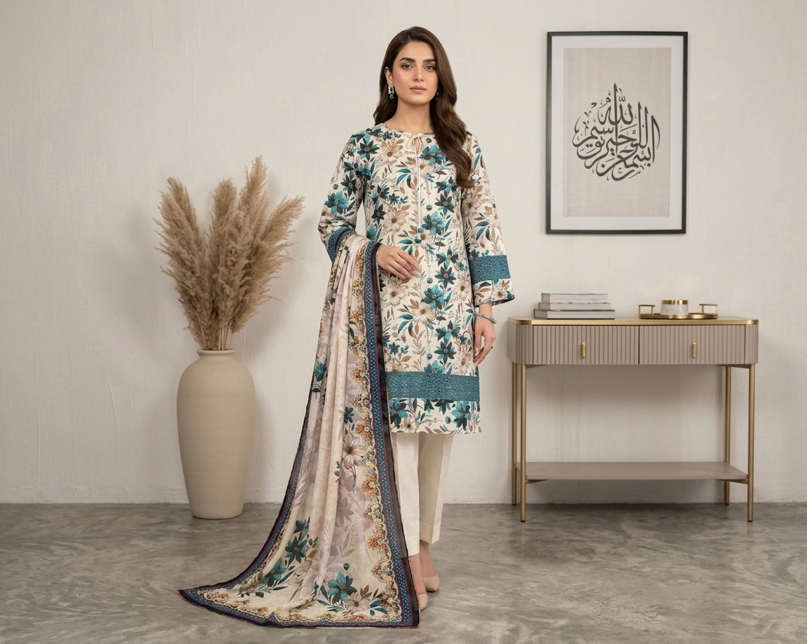 Premium Beige Teal Lawn Suits Wholesale Pakistani