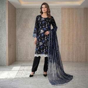 Sequence embroidered 3 piece chiffon suit - Midnight black