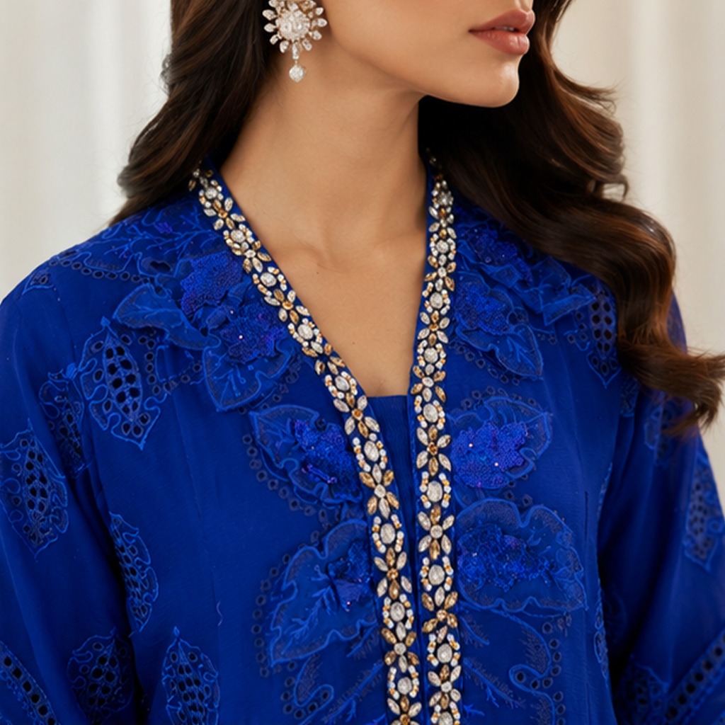 Stitched Luxury Embroidered Chiffon 3-Piece Outfit in Sapphire Blue