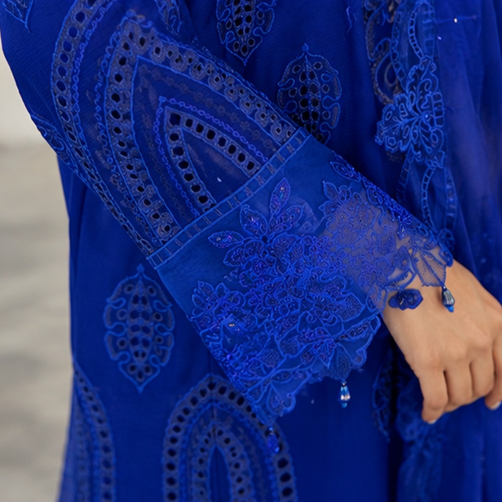 Stitched Luxury Embroidered Chiffon 3-Piece Outfit in Sapphire Blue