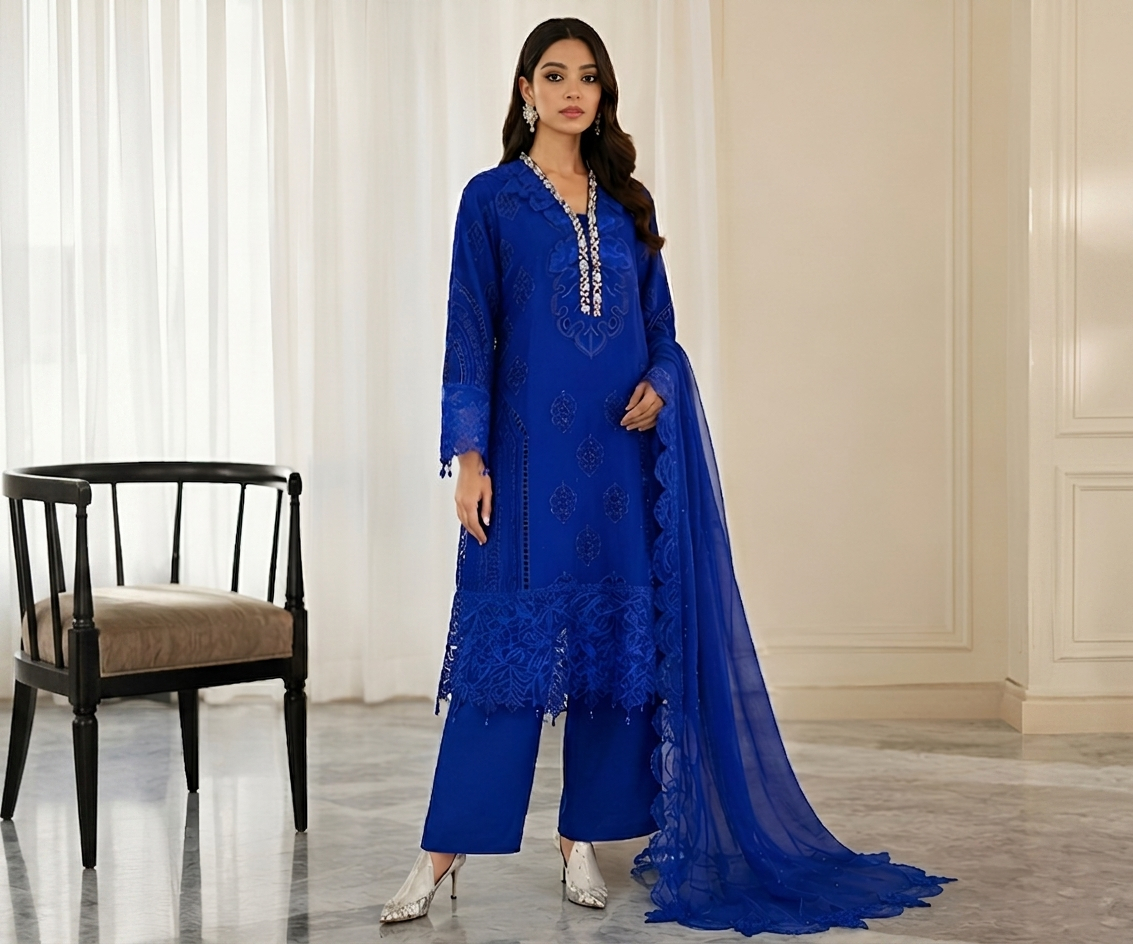 Stitched Luxury Embroidered Chiffon 3-Piece Outfit in Sapphire Blue