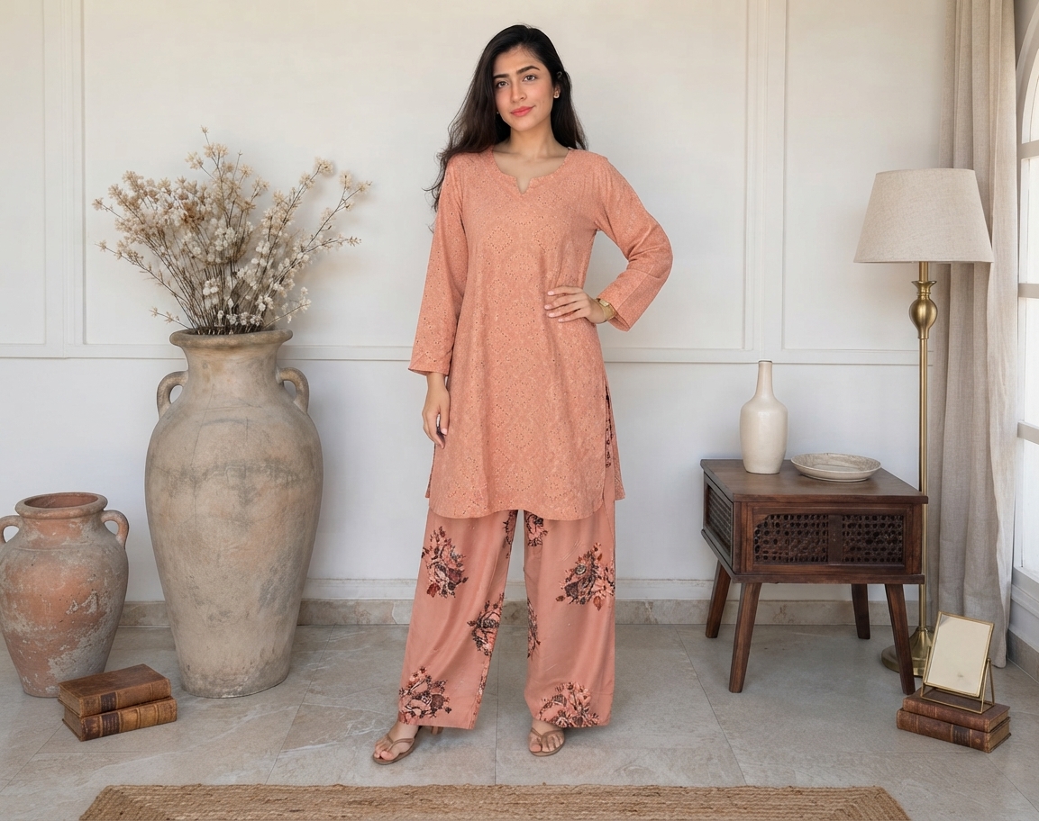 Peach Pink Coral Floral contrast pakistani chikankari suits wholesale canada