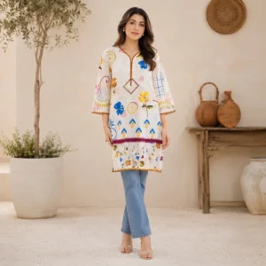 Add a fresh look to your wardrobe with this Light Cream Kurti wholesale kurtis style. It is made from soft and breathable cotton lawn. The warm off-white and cream shade gives it a clean and elegant feel. Moreover, the relaxed straight fit offers easy comfort. The mid-thigh length makes it perfect for daily wear. The V-slit neckline features a rust-brown embroidered lace border. Furthermore, the 3/4 sleeves have matching rust lace finishing. Playful floral and geometric motifs add a modern touch. The print includes mandala shapes, sunbursts, and an Ikat-inspired hem border. Therefore, this kurti blends traditional charm with a trendy look. Pair this ready-to-wear fusion tunic with medium-wash blue jeans for a casual outfit. Alternatively, wear it with off-white cigarette pants or tights. It is a great choice for summer outings, casual gatherings, and everyday styling.