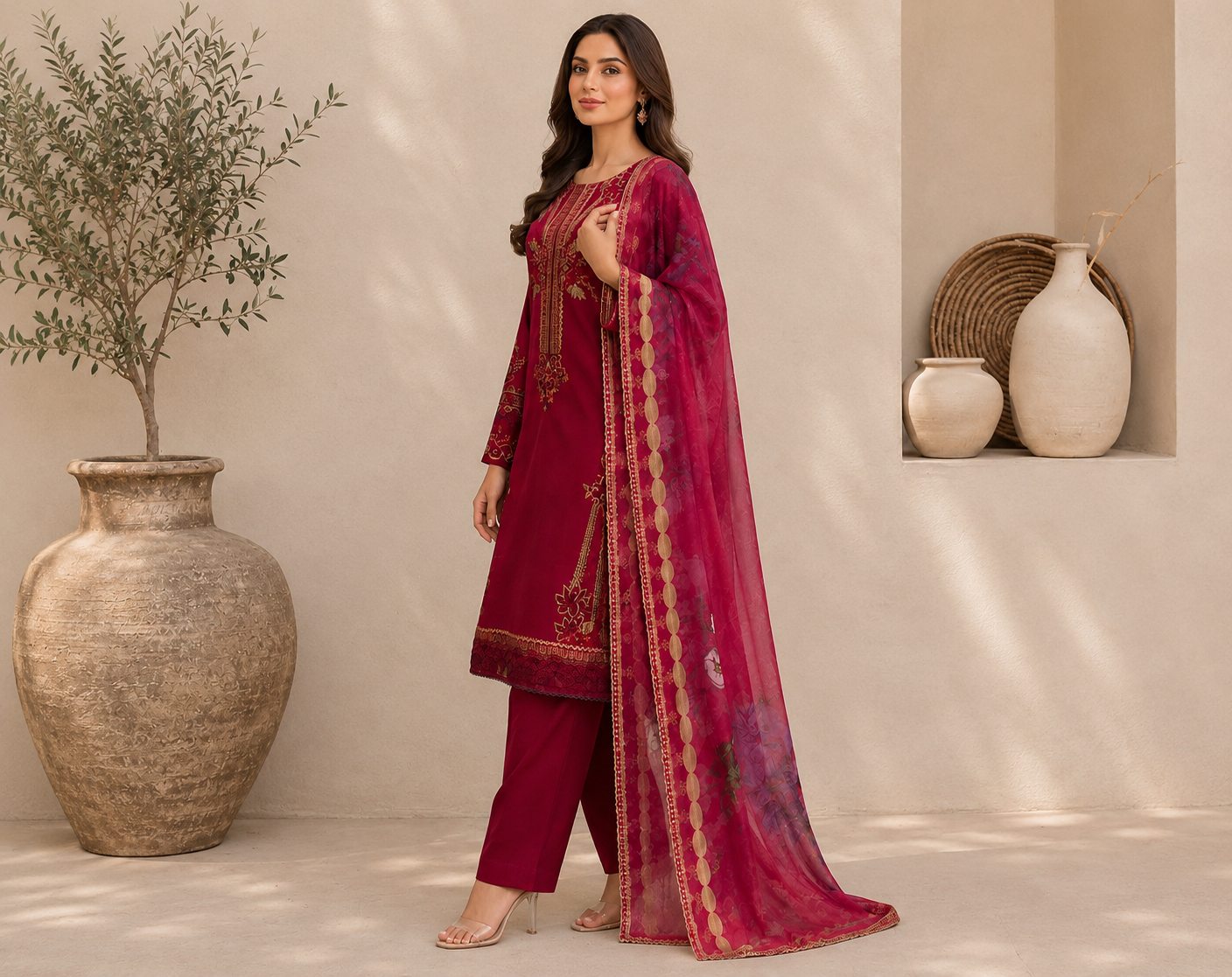 Maroon stitched wholesale lawn suit