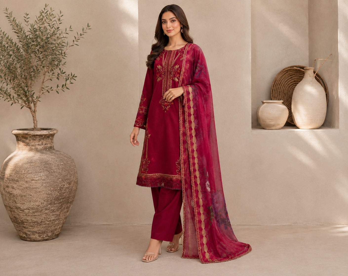 Maroon stitched wholesale lawn suit