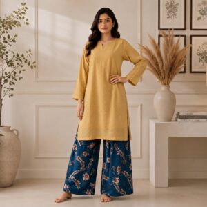 Mustard Yellow Navy Blue contrast pakistani chikankari wholesale
