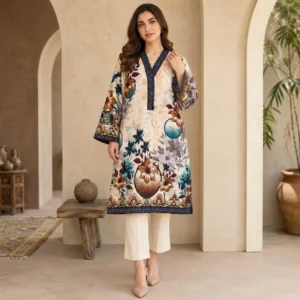 Refresh your wardrobe with this Off-White Kurti wholesale pakistani kurtis canada style. This ready-to-wear fusion kurti features a warm off-white and cream base. Moreover, the premium cotton lawn fabric feels soft, light, and breathable. The relaxed straight fit offers comfort for daily wear. Its mid-thigh length also creates a clean and modern look. The V-slit neckline adds a stylish touch with a rust-brown embroidered lace border. Furthermore, matching rust lace finishes the 3/4 sleeves beautifully. The kurti features playful floral and geometric motifs. You will also notice mandala details, abstract vines, and an Ikat-inspired hem border. Together, these details give the design a fresh Pakistani look. Pair it with blue denim jeans for a casual outfit. Alternatively, wear it with off-white cigarette pants or tights. Therefore, this Pakistani kurti works well for casual outings, shopping, brunch, and everyday summer styling. It is also a practical choice for those looking for Pakistani kurtis in Canada.
