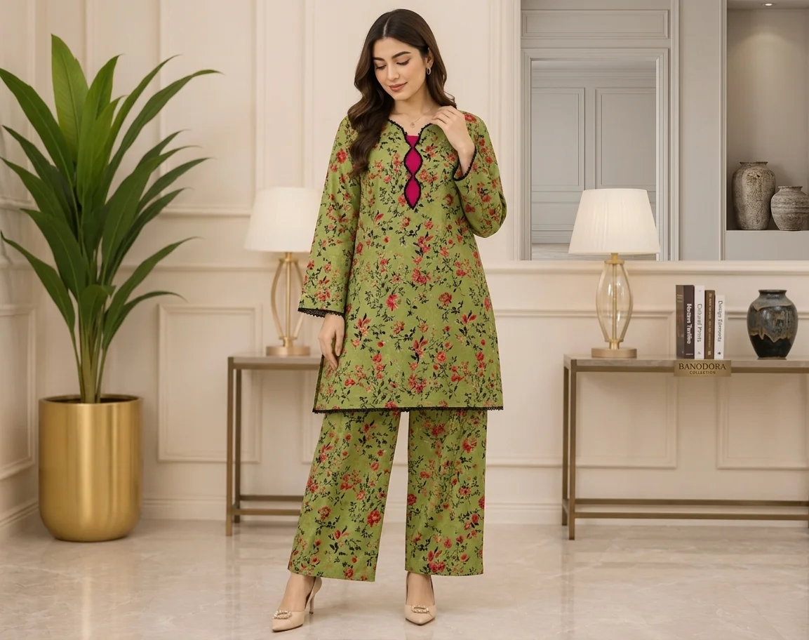 Olive Green pakistani Lawn Suit Wholesale
