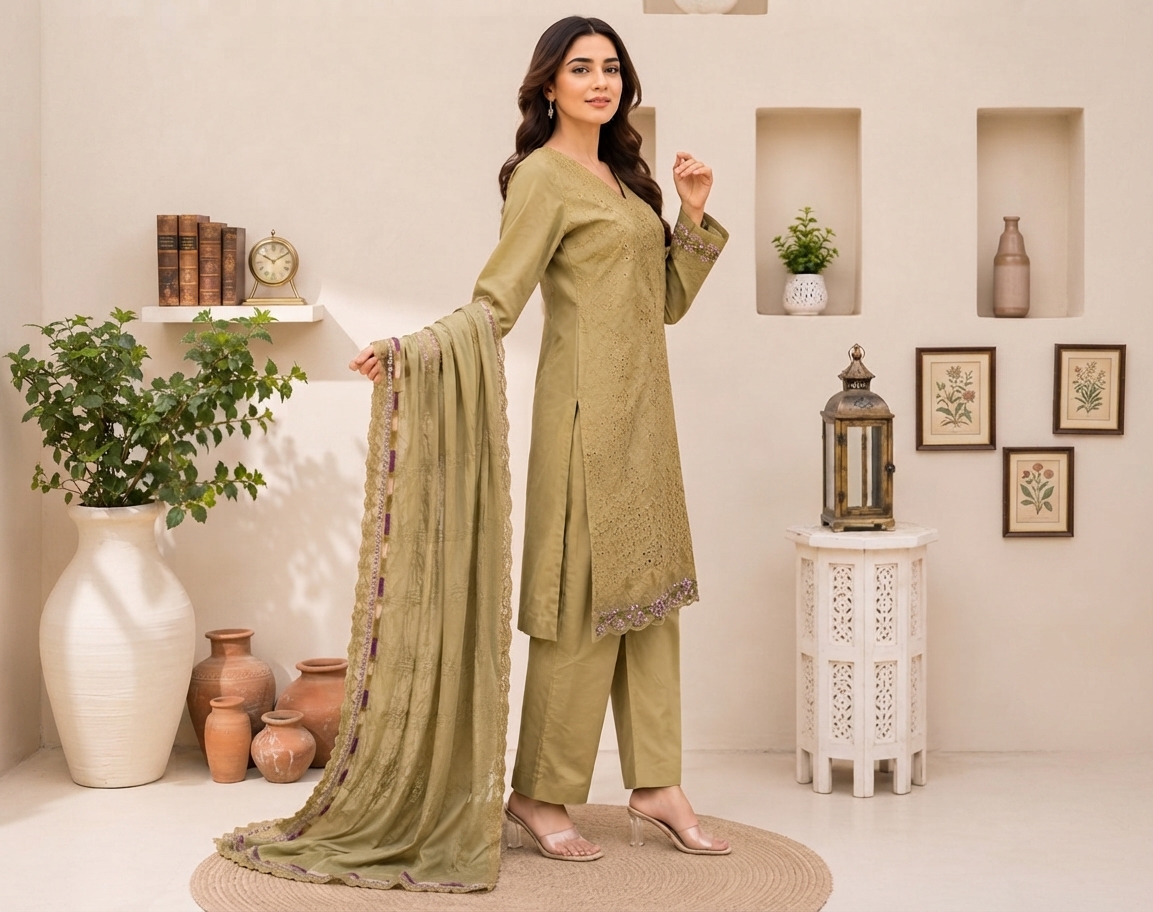 Olive Green pakistani wholesale lawn suits - Image 2