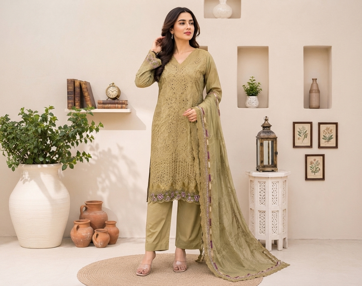 Olive Green pakistani wholesale lawn suits