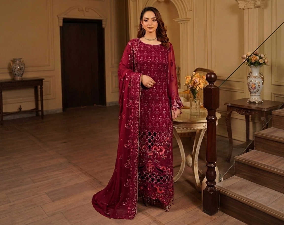 Wine-Red pakistani party wear canada