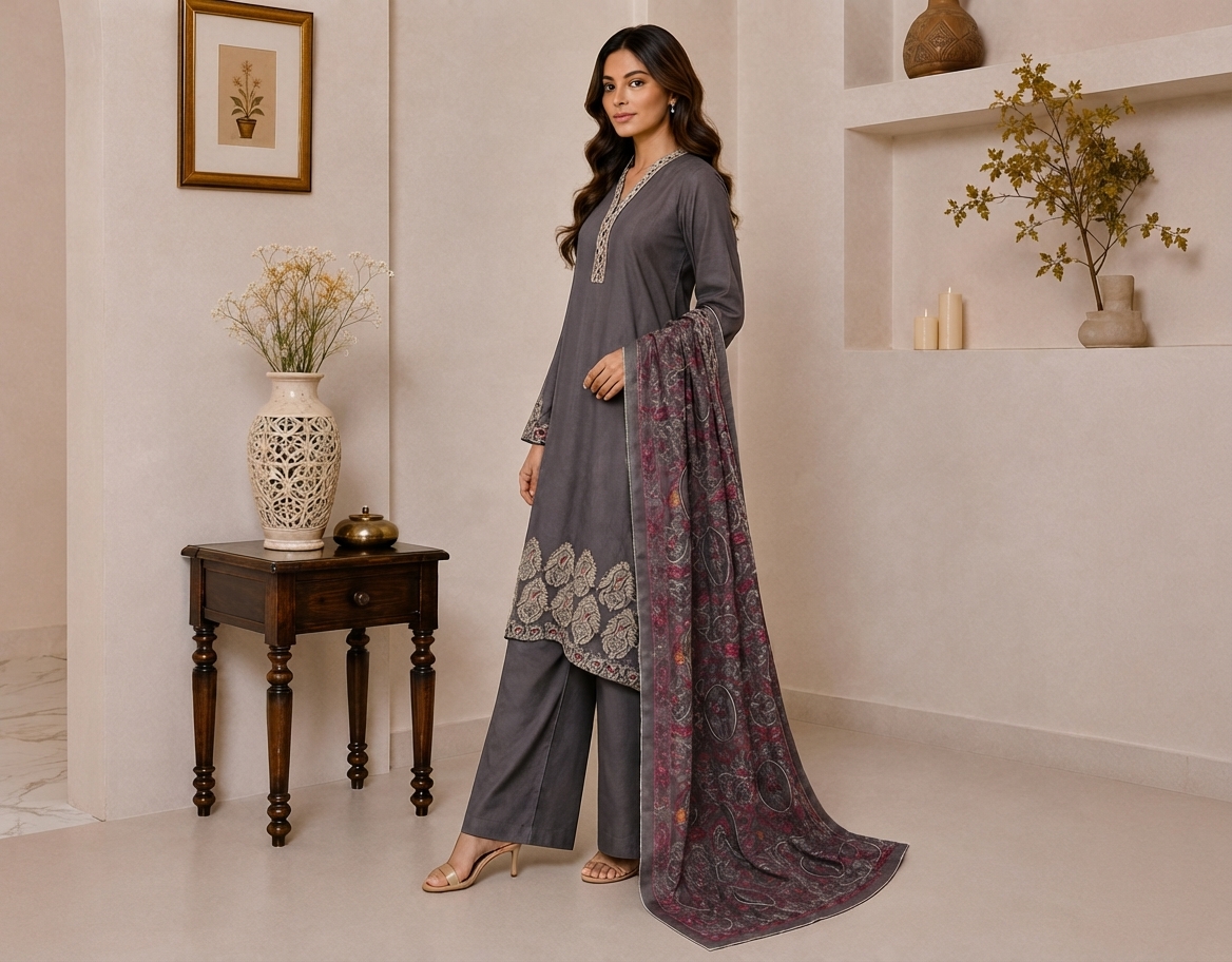 Charcoal Grey Pakistani Dhanak Suit Canada