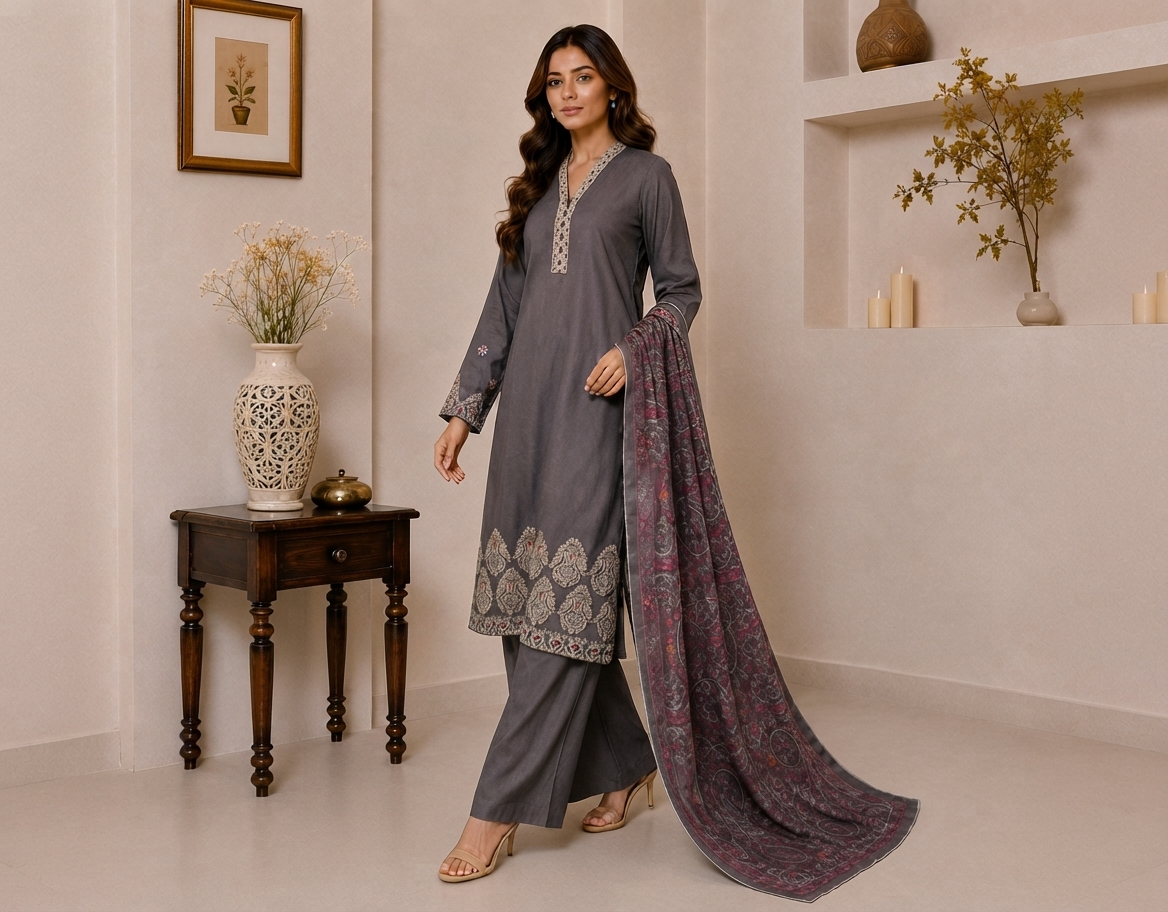 Charcoal Grey Pakistani Dhanak Suit Canada