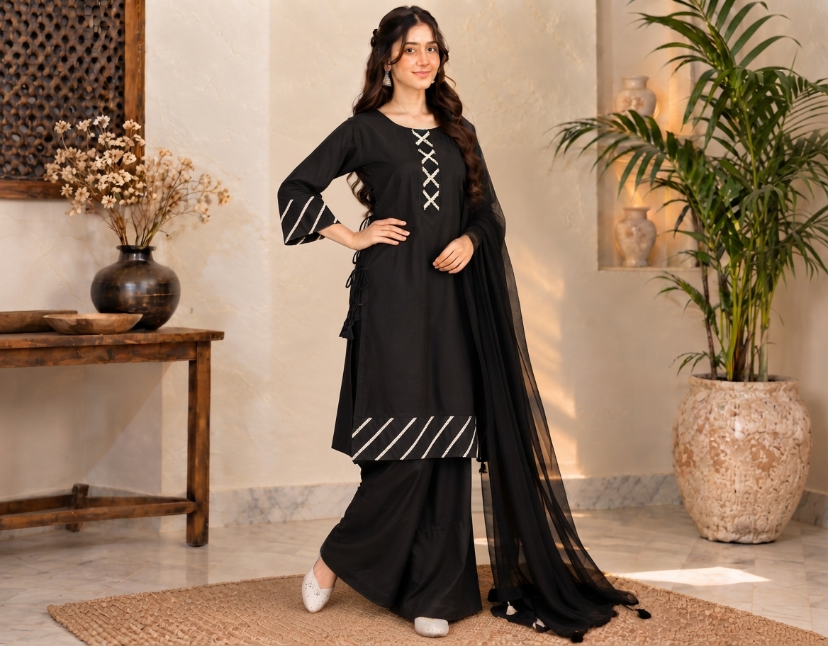 Jet Black 3 Piece Pakistani Dhanak Suit