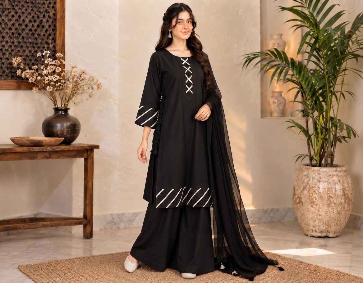 Jet Black 3 Piece Pakistani Dhanak Suit
