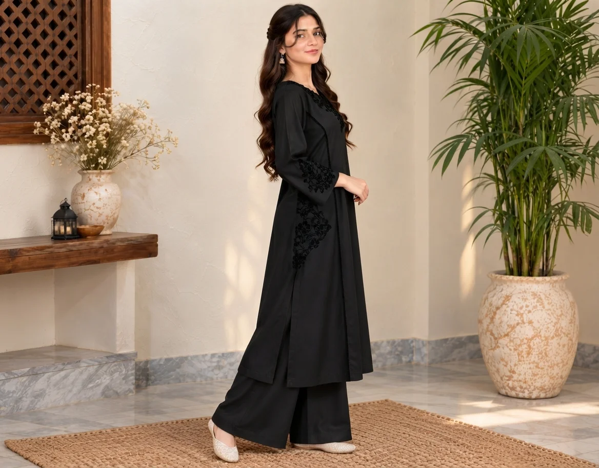 Jet Black Pakistani Dhanak Suit