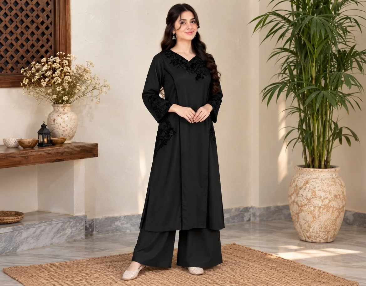 Jet Black Pakistani Dhanak Suit