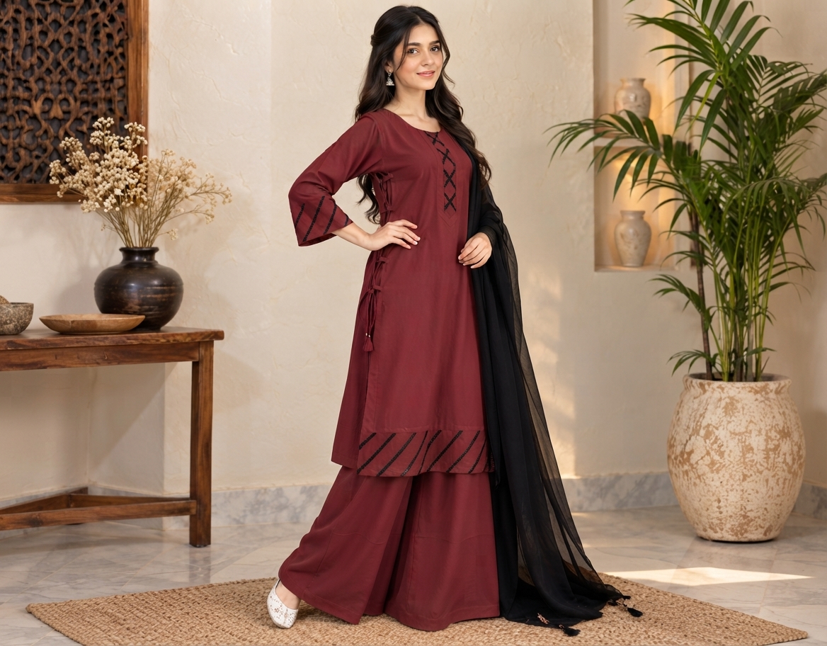 Maroon 3 Piece Pakistani Dhanak Suit