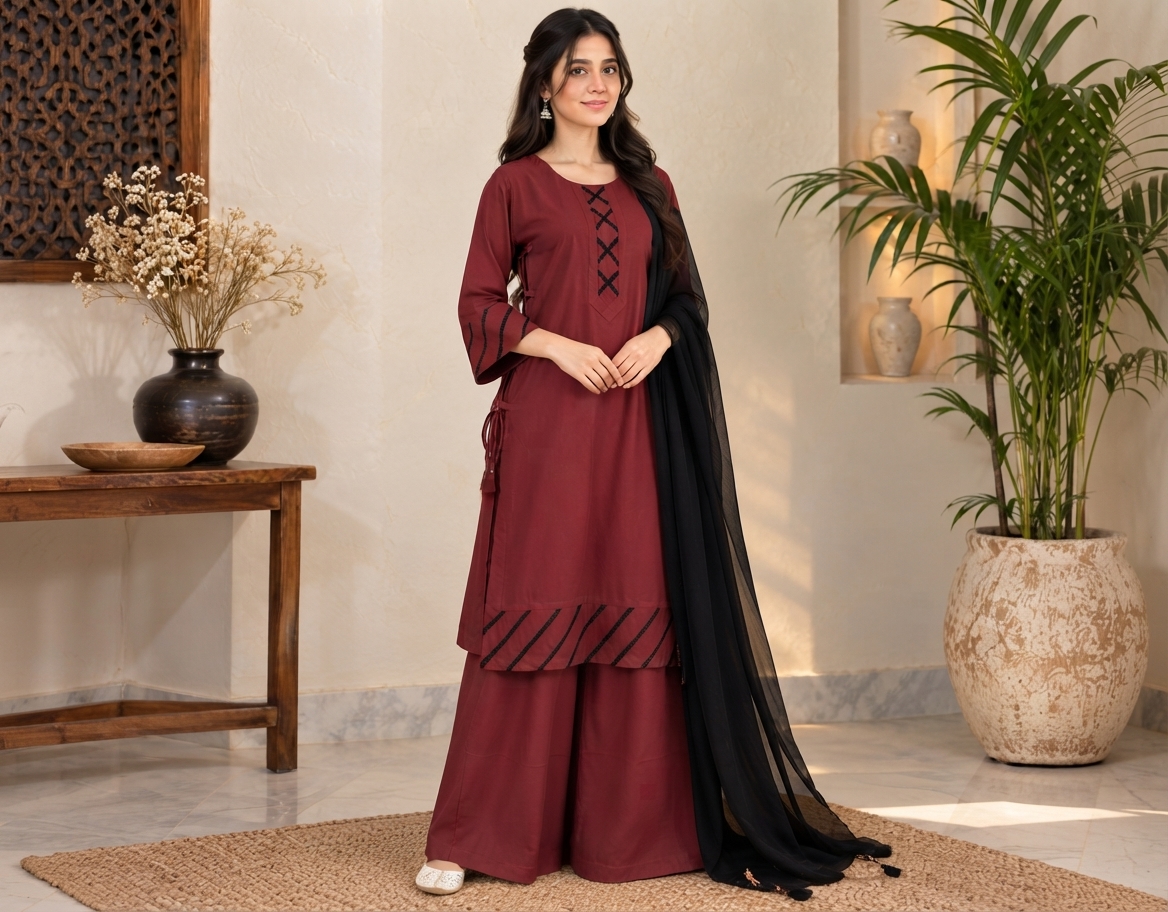 Maroon 3 Piece Pakistani Dhanak Suit