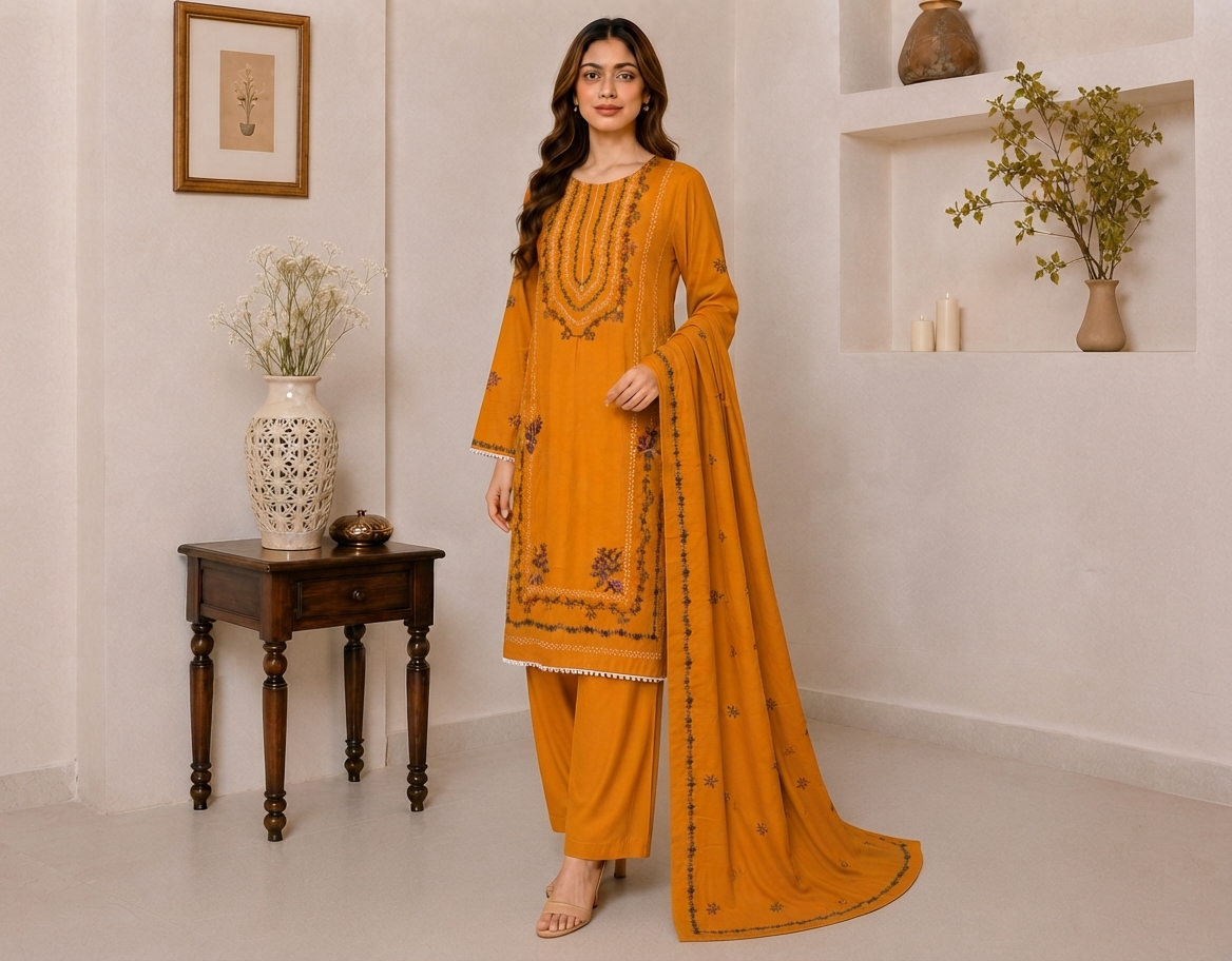 Mustard Yellow Pakistani Dhanak Suit Wholesale