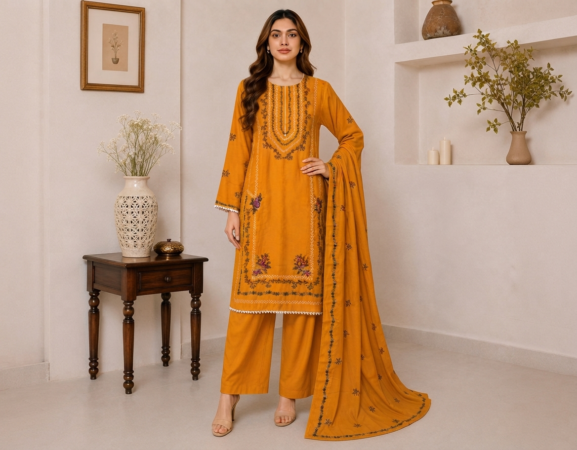 Mustard Yellow Pakistani Dhanak Suit Wholesale