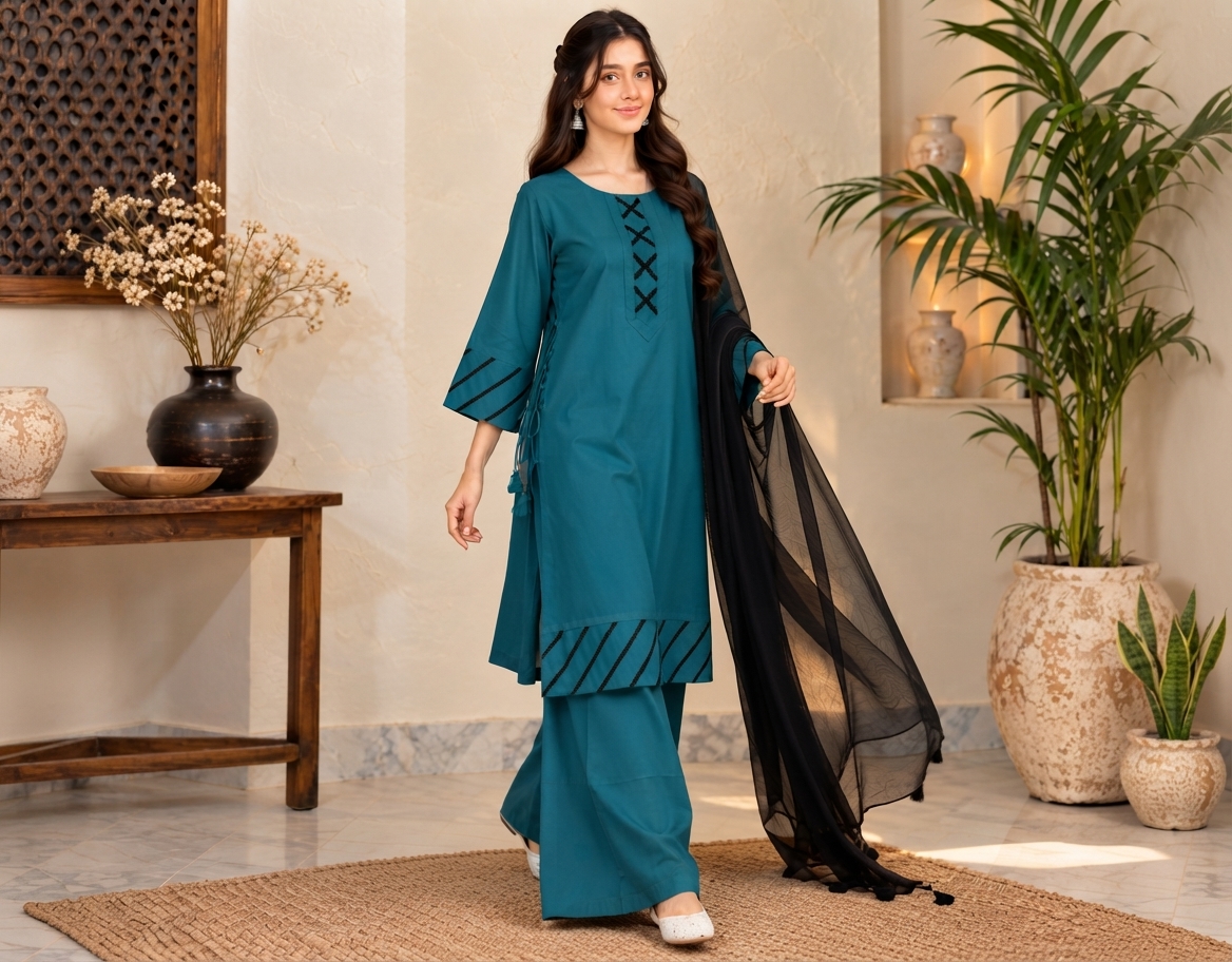 Teal 3 Piece Dhanak Pakistani Suit Canada