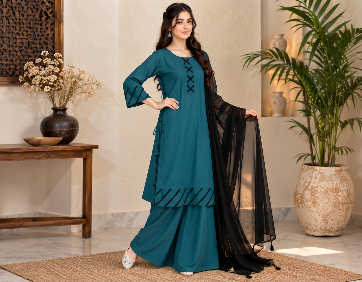 Teal 3 Piece Dhanak Pakistani Suit Canada