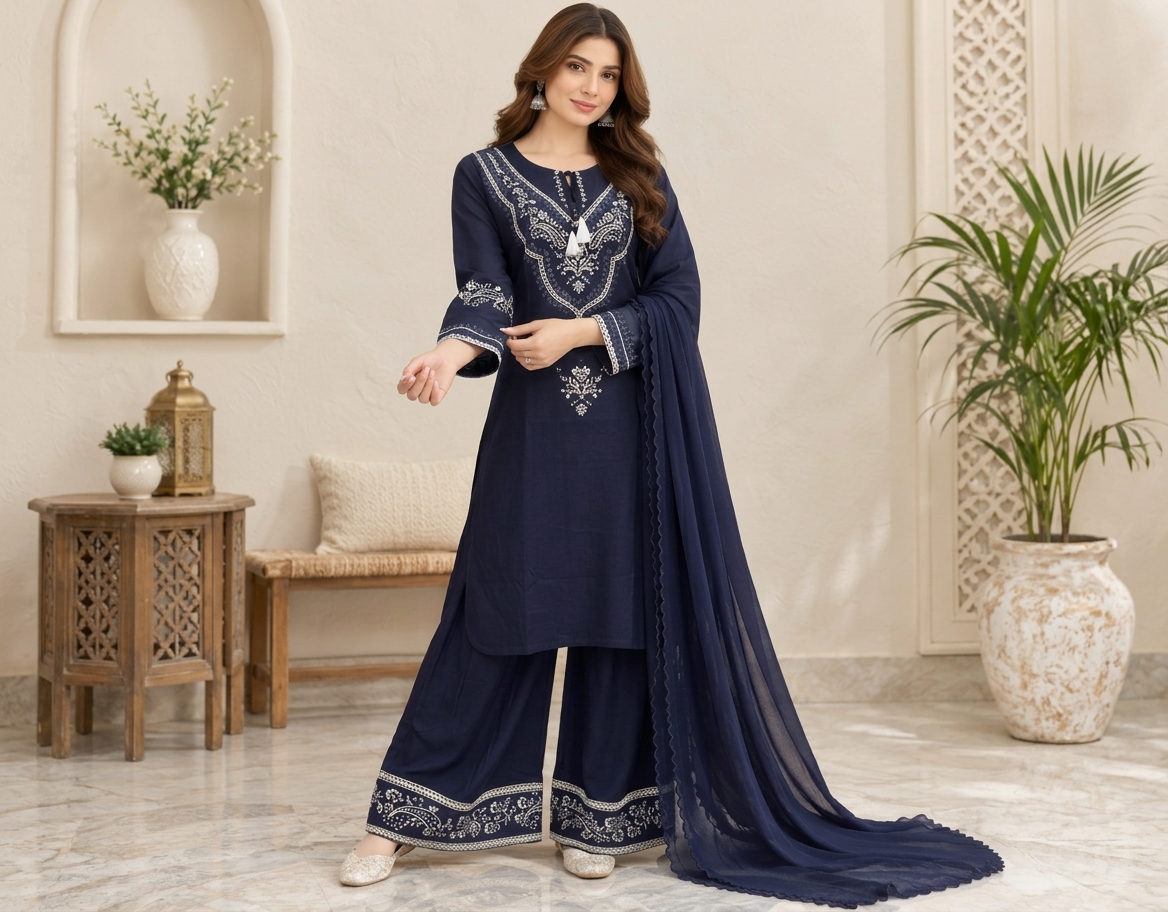 Navy Blue Dhanak Suit Canada