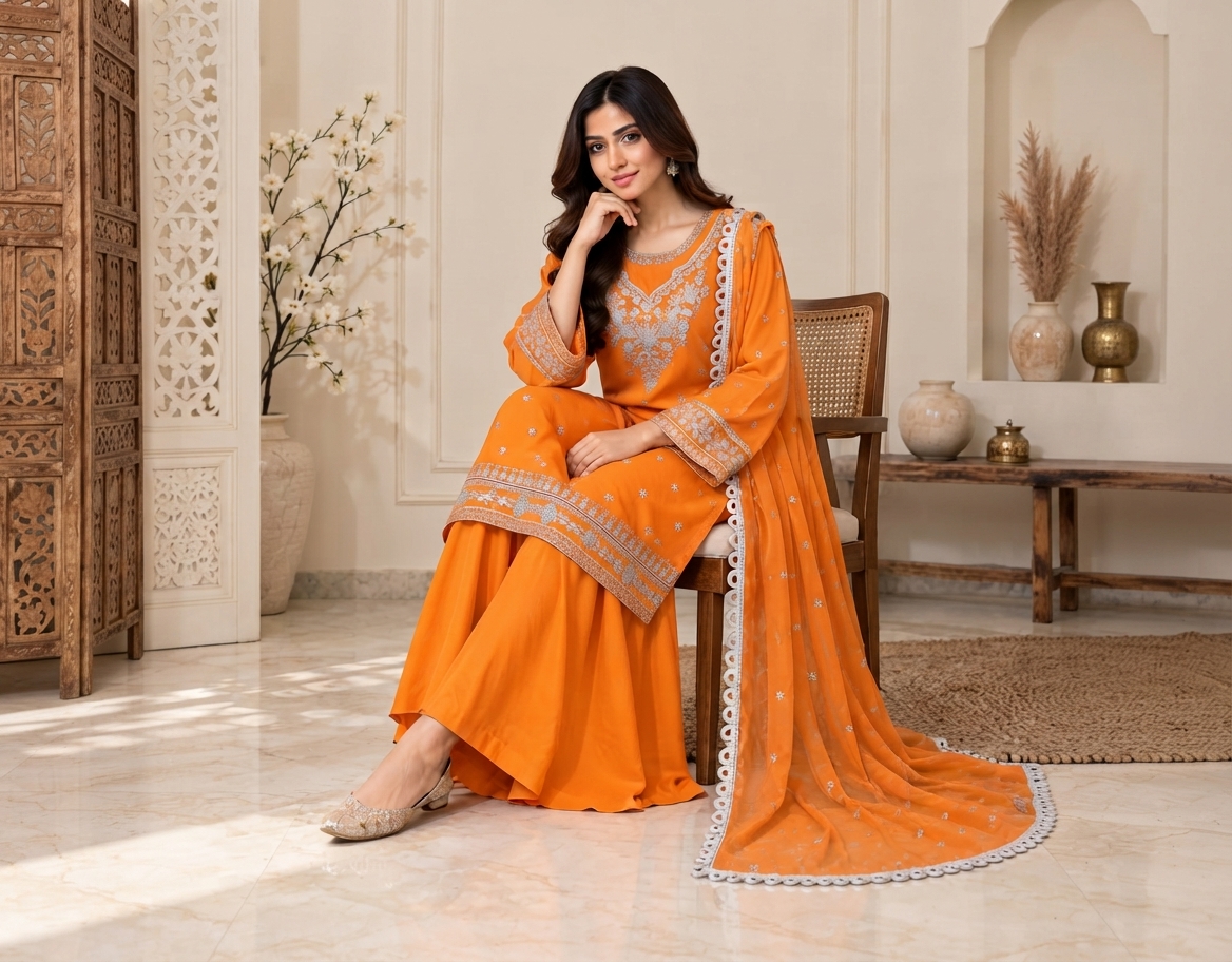 Orange Pakistani Chiffon Suit