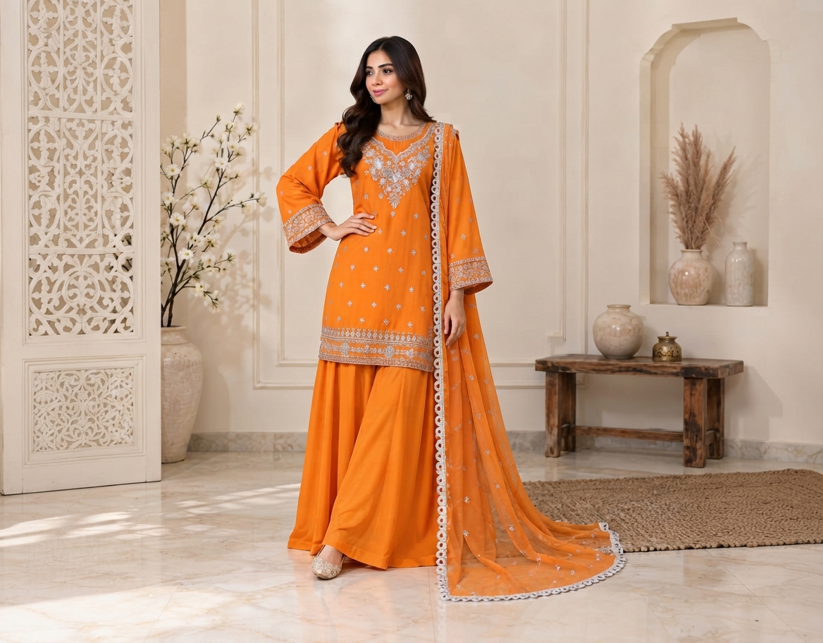 Orange Pakistani Chiffon Suit