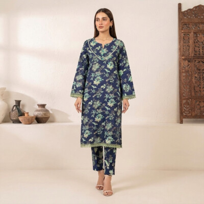 Indigo Blue Floral Printed Pakistani Clothes Calgary