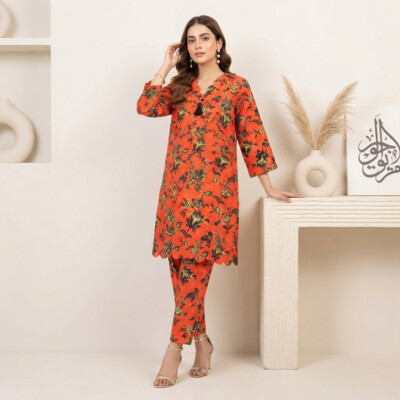Rust-Orange Floral Printed Pakistani Clothes Toronto